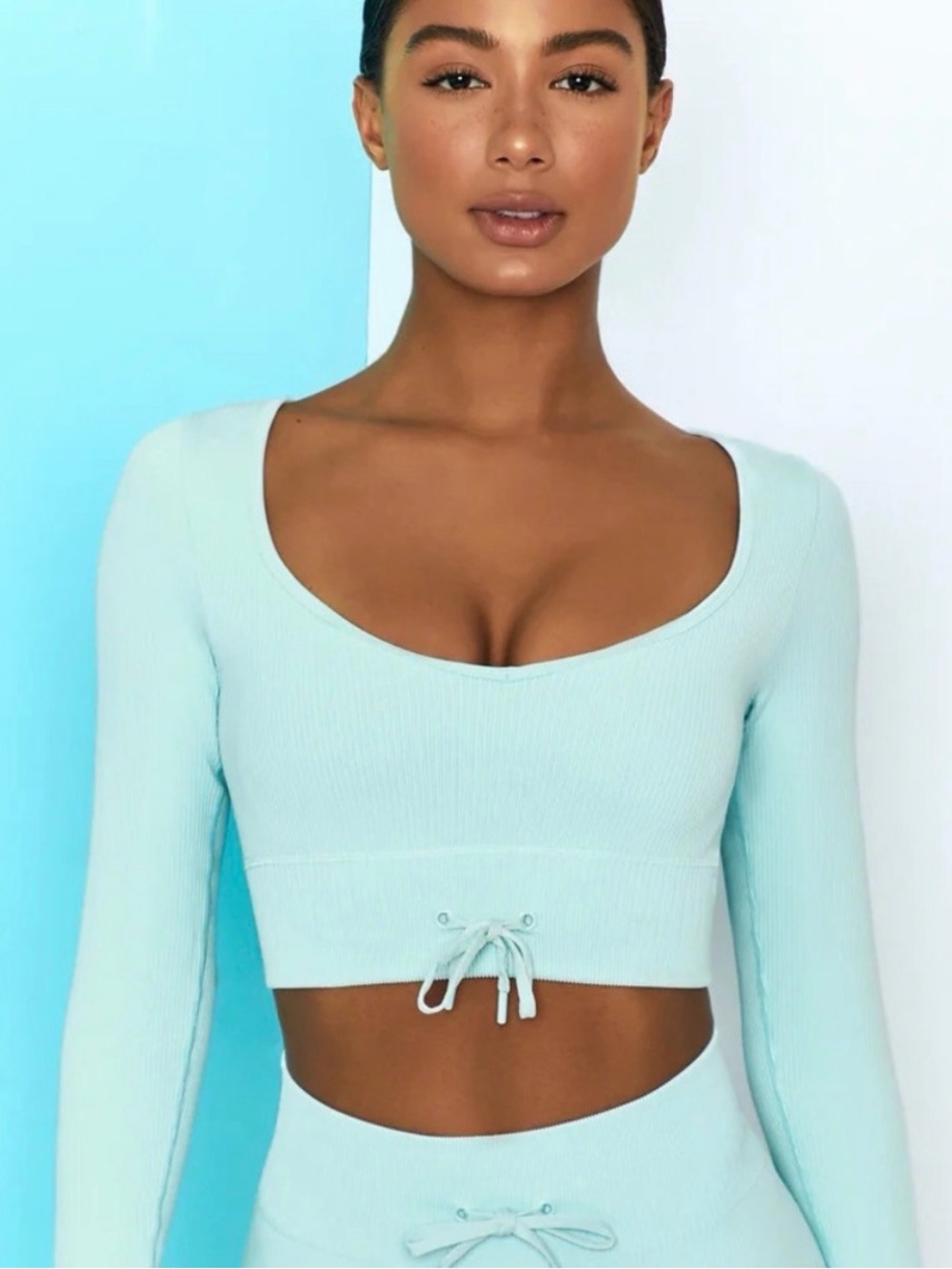 ✨ NWT Bo+Tee Women's Ribbed V-Neck Long Sleeve Crop Top in Light Blue - XXS ✨